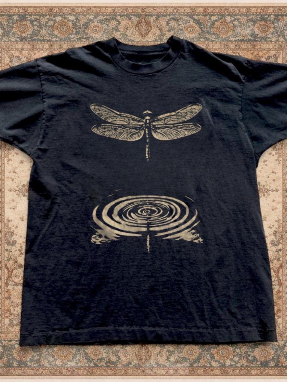 Gildan Black Tee with Cream Dragonfly & Ripple Graphic